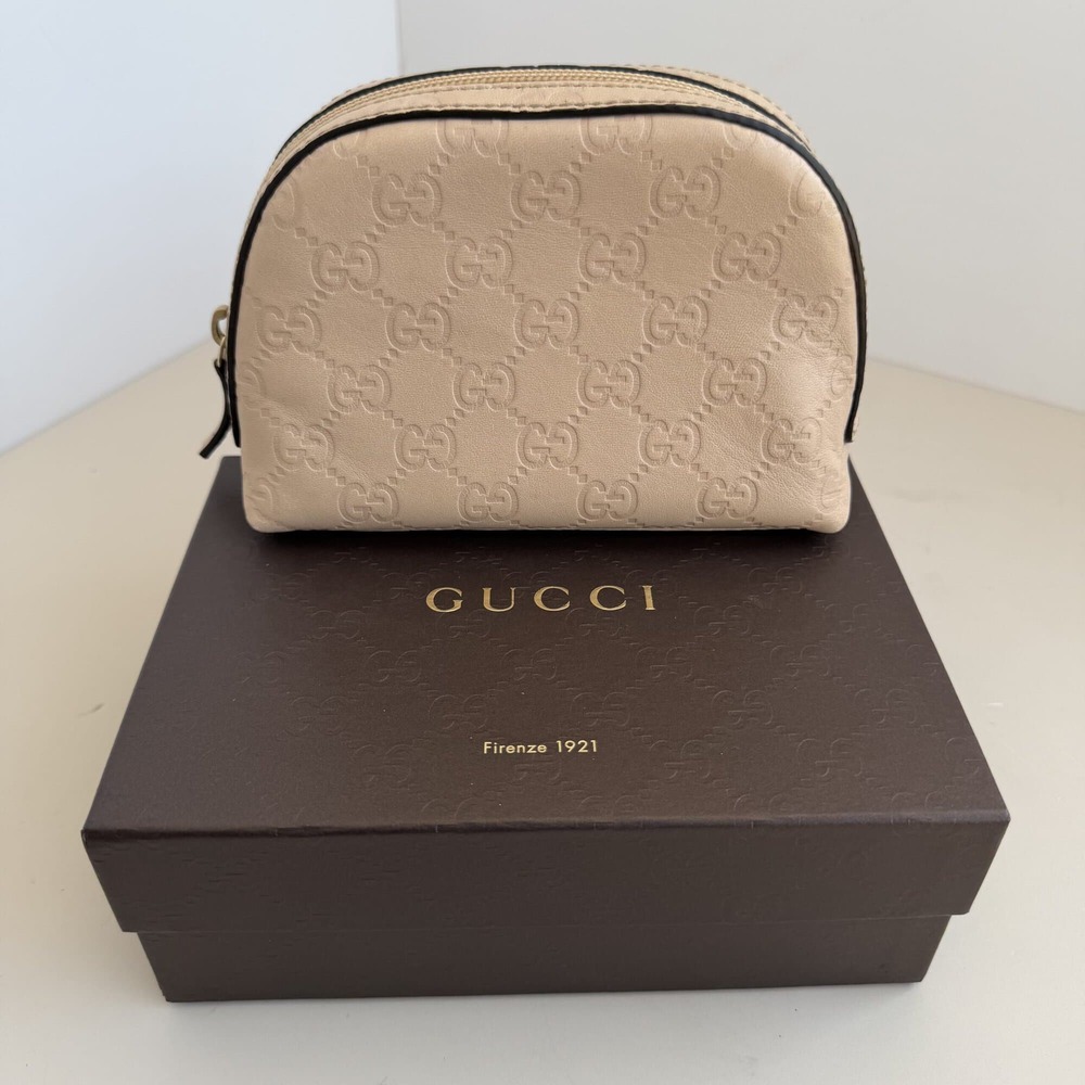 Gucci Guccissima Leather Dome Cosmetic Pouch – Beige/Tan Luxury Makeup Case